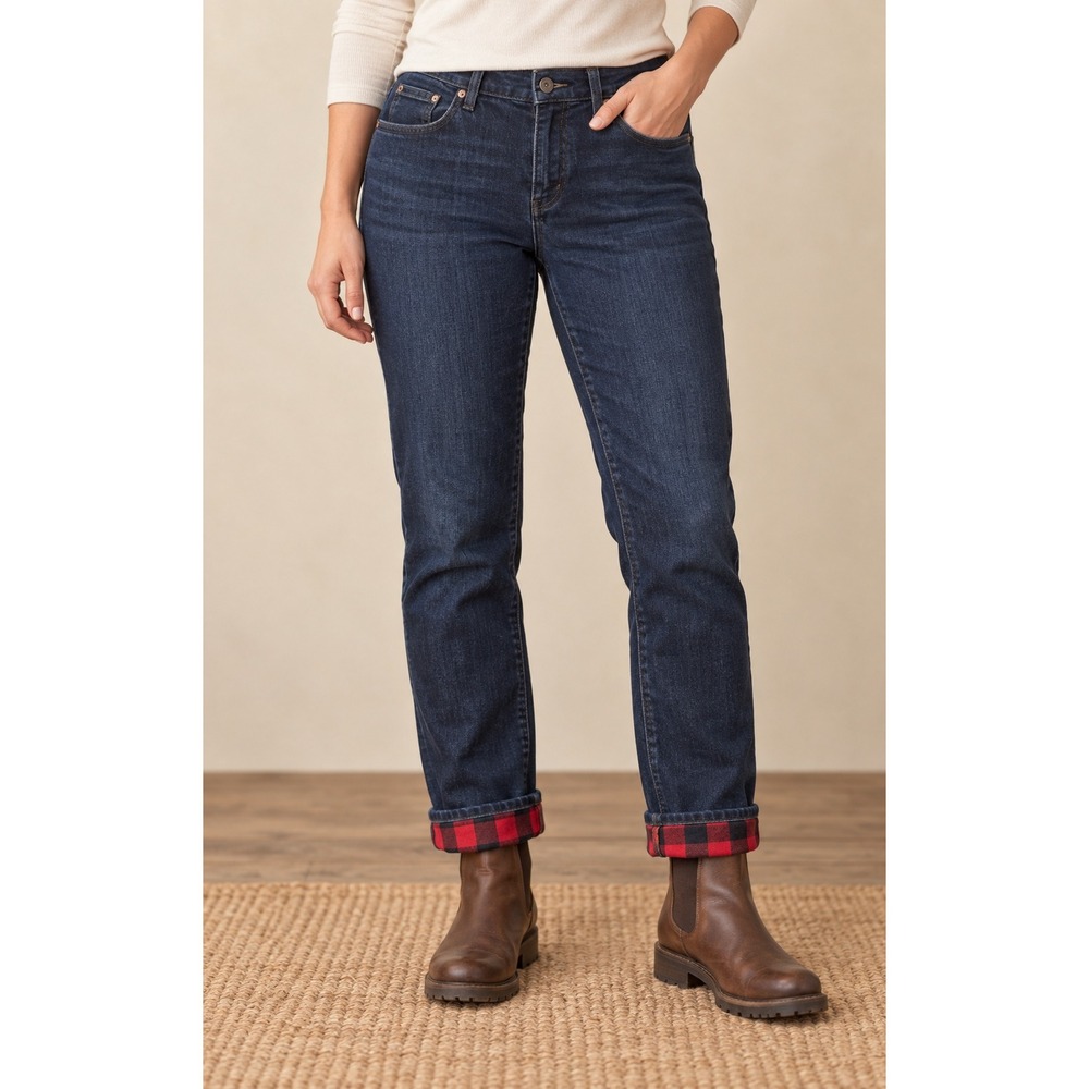 Duluth Trading Co Flannel Lined Jeans Womens 12x31 Blue Plaid Workwear Heritage